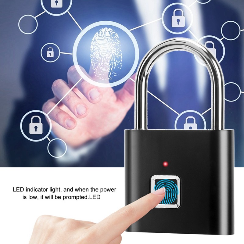 Door Lock Security Keyless USB Rechargeable Fingerprint Smart Padlock Black