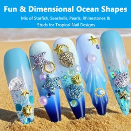 OKKRMGZ 200Pcs Starfish Nail Charms Gold Blue Resin Shell Studs for Summer Nails Tropical Sea Shells Gems Nail Art Decorations Beachy Star Fish for Women Beach Manicure DIY Craft and Jewelry