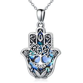 PROESS Hamsa Fatima Necklace 925 Sterling Silver Evil Eye Necklace/Eye of Horus Necklace/Tree of Life Pendant Necklace Hand of Fatima Jewellery Gifts for Women Girls, Sterling Silver