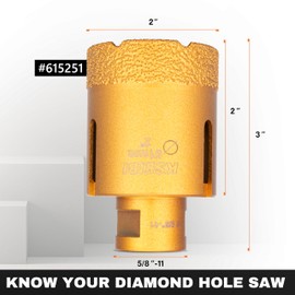 KSEIBI 615251 Diamond Hole Saw, 2 Inch (51mm) Diamond Core Drill Bit for Porcelain, Ceramic, Granite Drill Bits, Brick, Marble, Dry Cutting, 2" Drilling Depth, 5/8"-11 Thread, Angle Grinder
