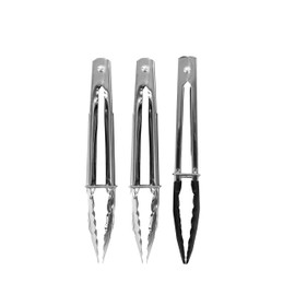 Fackelmann Stainless Steel Kitchen Tongs, Set of 3 with Locking Function, 2 x Stainless Steel Function Head, 1 x Plastic (PP) Function Head, 18cm, Silver & Black