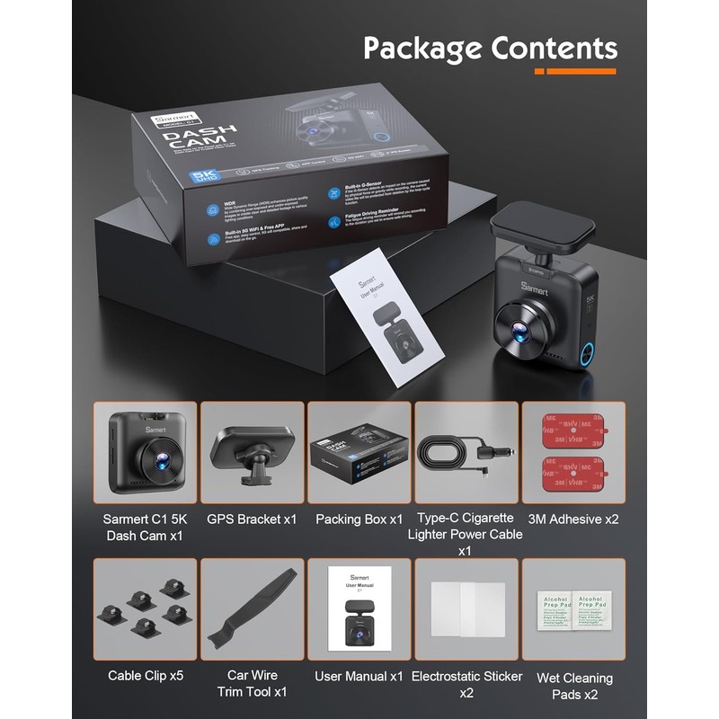 Sarmert C1 5K Dash Cam, Built-in GPS 5G WiFi, 5K/4K/2.5K