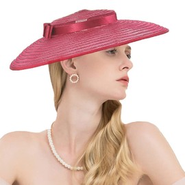 Sombrero clásico de Fascinators Pillbox para mujer, sombrero de paja Fedora de ala ancha para mujer, sombreros de derby de la iglesia Sinamay, Rojo vino, M
