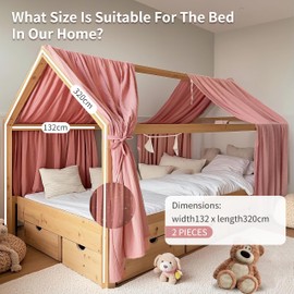 FloraVigo House Bed Canopy with Gold Applique, Pack of 2, Handmade from 100% Cotton Muslin, Fabric Canopy for House Bed Decoration, for Girls and Boys (Dusky Pink, Set of 2, 132 x 320 cm)