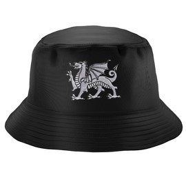 Purple Print House Embroidered Welsh Dragon Bucket Hat Unisex Cymraeg Y Ddraig Goch Rugby Football Country Him Her Recycled Hat, L, Black
