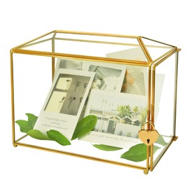 Gold Wedding Glass Card Box with Lock and Slot - 12.6 x 5.9 x 9.0inch Clear Lock Box with Key - Card Holder for Reception