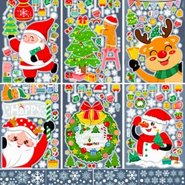 Christmas Window Clings 10 Sheets Christmas Window Stickers Film Decoration Santa Claus Snowman Reindeer Xmas Snowflake Socks, Double Side Window Decals for Party Winter Holiday (Style A)