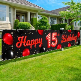 Happy 15th Birthday Red and Black Banner Backdrop Balloons Theme Decor for Yard Garden Girls Women Princess 15 Years Old Birthday Party Decorations Bday Supplies Photo Booth Props Favors Glitter Gold