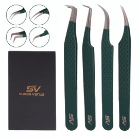SV Lash Tweezers | Lash Extension Tweezers Set | 5Pcs Stainless Steel Eyelash Extension Tweezers Set | Volume/Isolation Nail Art Curved Tweezers (Green 4 Pc)