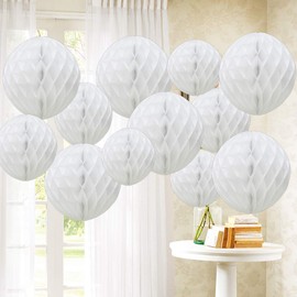 Time to Sparkle 12 Pack Tissue Paper Honeycomb Balls, Poms Birthday Baby Shower Wedding Decorations (White)