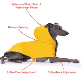 Yigi Italian Greyhound Hooded Waterproof Raincoat with Harness Opening, Fleece Lining - Adjustable, Lightweight, Breathable Rain Poncho Dog Rain Coat Jacket for Italian Greyhound (Large)