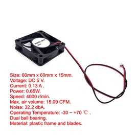 JZK 60 x 60 x 15 mm DC 5 V Mini Cooling Fan 60 mm with 2 Pin Lines, 4000 rpm, 0.13 A, 6015 Ball Bearings Small Brushless DC Fan 6 cm for Cooling or Ventilation, 3D Printer Fan