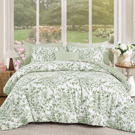 WONGS BEDDING 8 Pieces Queen Size Comforter Set Green, Sage Green Floral Bed in a Bag Comforter Sets, Soft Reversible Botanical Flowers Bedding Sets for All Season (90"x90")