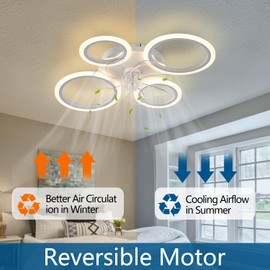 HuixuTe Geometric Ceiling Fan with Lights Remote Control, 3 Colors 6 Speeds 26" White Bladeless Ceiling Fan, Low Profile Ceiling Fan with Light for Kitchen Bedroom