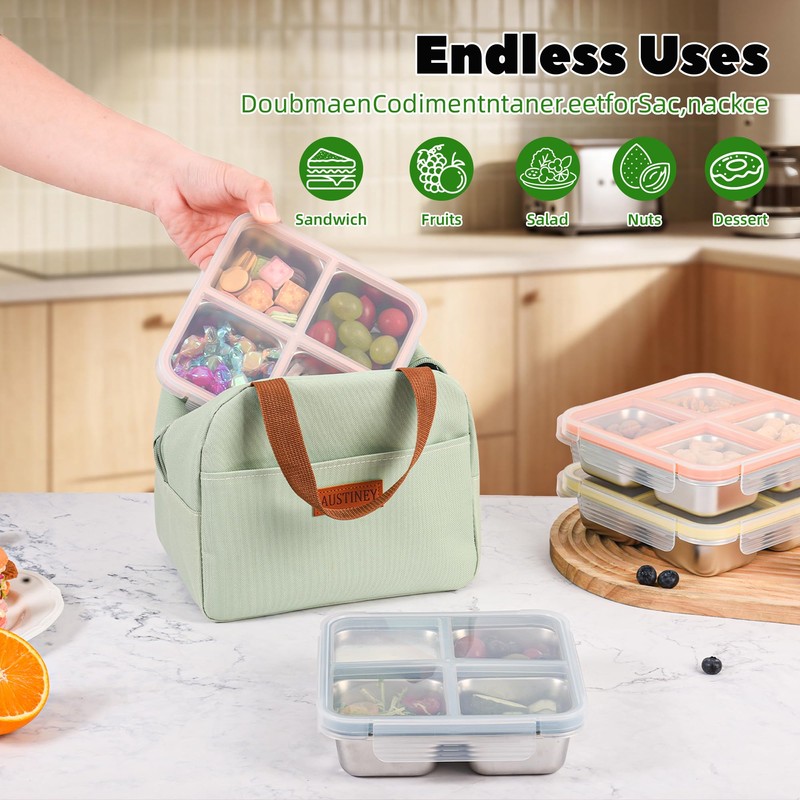 4 Pack Stainless Steel Snack Containers, 4 Compartments，24 oz，Leak-Proof