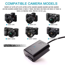 RUITOO AC-PW20 AC Power Supply Adapter + DC Coupler Dummy Battery,Replace NP-FW50 Battery for Sony a7000 A6500 A6400 A6300 A6100 A5100 A5000 A7 A7II A7RII A7SII A7S A7S2 A7R A7R2 A35 A55 RX10 Cameras