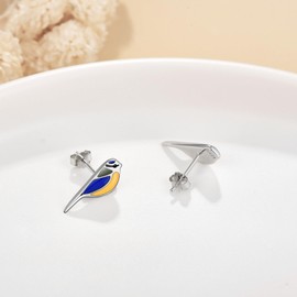 Blue Tit Bird Earrings 925 Sterling Silver Blue Bird Stud Earrings with Hand-Painted Enamel Blue Tit Bird Jewellery Gifts for Women Mum Girls Bird Lovers, Sterling Silver