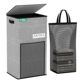 Laundry Hamper with Lid 110L, Large & Tall Laundry Basket with Removable Bag & Front Mesh Bag, Collapsible Dirty Clothes Hampers for Bedroom Aesthetic, Bathroom, Dorm, Laundry Room - Easy Carry, Grey