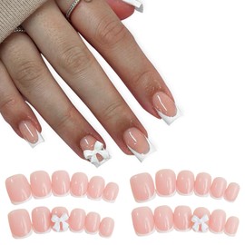 Qioon 24 Pcs Pink Press On Nails Short Square, Glossy Nude Pink Full Cover Fake Nails with White French Tips and Bow Charms, Cute False Nail for Women and Girls, Daily Manicure Set