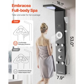 VEVOR Shower Panel Tower System with Rainfall Shower Head, LED, 53 in Brushed Stainless Steel Shower Column, 6-Function Faucet, Wall-Mount Rain Massage System with 5 Body Jets, Handheld, Tub Spout
