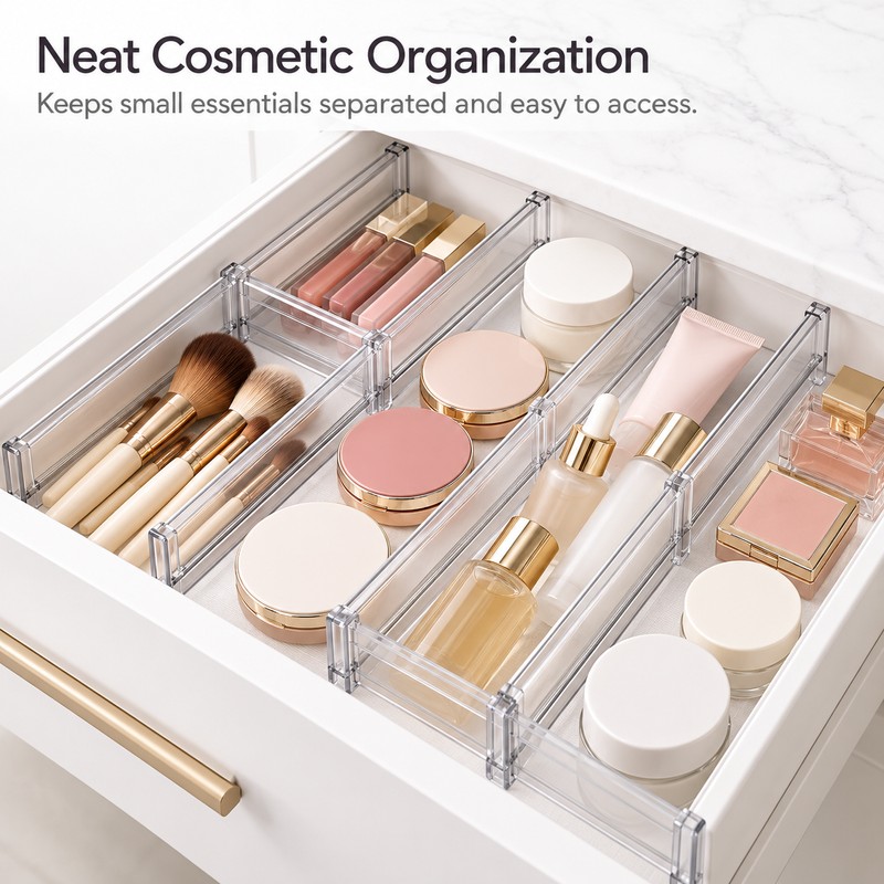 Adjustable Clear Drawer Dividers for Clothes, Kitchen Utensils & Office