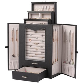 Homde Jewelry Organizer with Transparent Window Necklace Hooks Gift for Women Jewelry Box Display Case for Necklaces Rings Earrings Bracelets and Other Jewelry Accessories (Black)