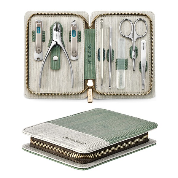 MR.GREEN Manicure Set 8 in 1,Professional Pedicure kit,Stainless Steel Manicure Kit,Portable Travel Grooming Kit Nail Care Tools,Nail Clippers Pedicure Tools, Green 8 Pcs