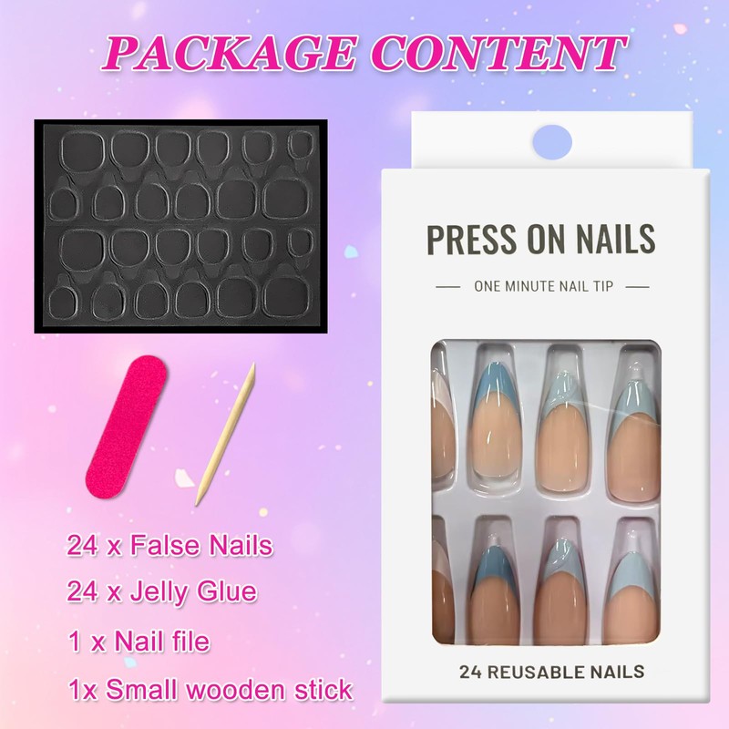 Ceboic Pack of 24 Blue French Stick-On Nails, Almond Medium