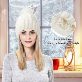 Kunyeah Women Winter Beanie Hat Knitted Cap with Pompom Satin Silk Lined Hat Warm Solid Color Hat for Women Girls (White)