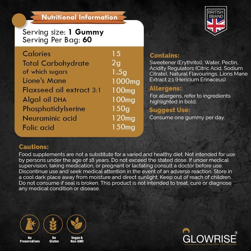 GLOWRISE Lions Mane Gummies 1000mg – Blueberry Flavor, Sugar-Free, Vegan