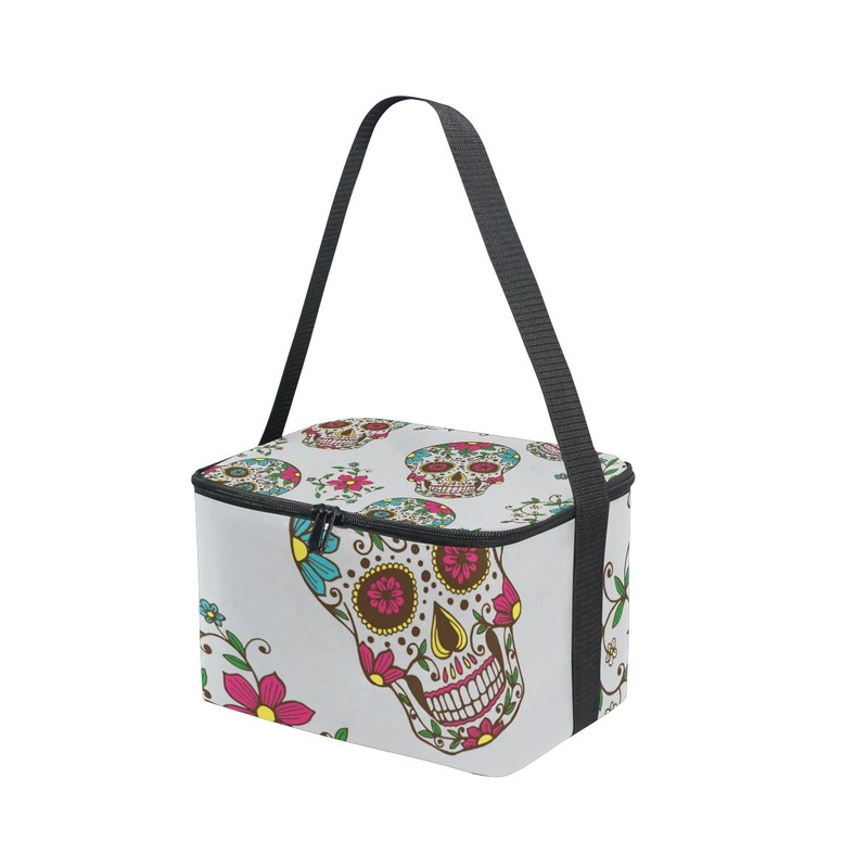 MASSIKOA Sugar Skull Flower Insulated Lunch Bag Lunch Box Cooler