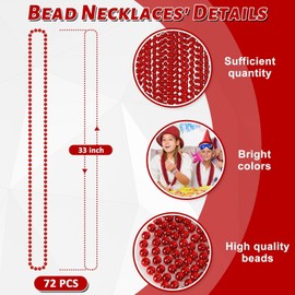 EOBOH 72PCS Bead Necklace, Red Christmas Bead Stuff Party Favors, 33" Necklaces Festival Parade Throw Accessories for Wedding Birthday Valentines Mardi Gras Christmas Celebrations Decorations