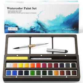 Fuumuui Watercolor Paint Set, 24 Watercolor Paints with Dual Tip Travel Watercolor Brushes Wooden Palette, Art Supplies for Painting, Travel Watercolor Set, Amateur Hobbyists
