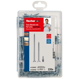 fischer Meister-Box PowerFast II Chipboard Screw, Presorted Assortment Box with 220 Blue-Galvanised Screws and 2 Bits, Countersunk Head, TX Drive, Partial and Full Thread, Universal Set for Mounting