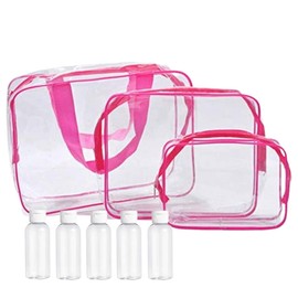 Clear Travel Toiletries Bag Set GLAMZA® Travel Toiletry Bag Set of 3 PVC Bags for Men & Women - Ideal Wash Bag Set for Cosmetics, Make Up & Toiletries Plus x5 50ml Empty Travel Bottles (Pink)