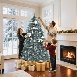 GOOBED Prelit Blue Christmas Tree 6ft, Blue Spruce Pre-Lit Hinged Artificial Christmas Tree with 880 Tips and 450 LED Lights, 8 Light-Modes for Home, Party Decoration