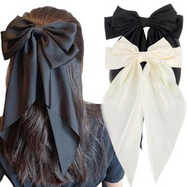 Silky Satin Hair Bows 2PCS, Big Hair Ribbons Barrettes with Metal Clips, Large Long Tail Black and White Bowknot Hair Accessories, Perfect for Women and Girls(Black+Beige)