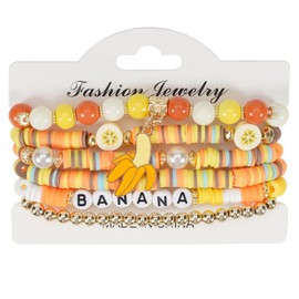 Pingyongchang Boho Fruit Polymer Clay Stretch Bracelets Cute Colorful Heishi Surfer Clay Bead Pineapple Mango Cherry Banana Friendship Bracelet Summer Beach Jewelry for Women-Banana