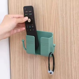 Wall-Mounted Phone and Remote Control Holder, Storage Organizer with Side Hooks (Green)