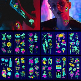 Glow in the Dark Temporary Tattoos, CAYUDEN 12 Sheets Neon Temporary Tattoos UV Face Makeup Fake Tattoos Glow Temporary Tattoos for Women Men Face Stickers Tattoos for Party Bages Festival Accessories