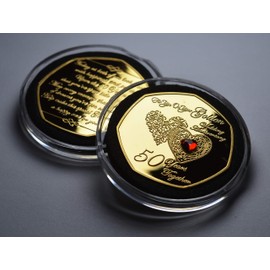 The Commemorative Coin Company 50th GOLDEN WEDDING ANNIVERSARY 24ct Gold Commemorative with Gemstone. Gift/Present 50 Fifty Years Together. Capsule