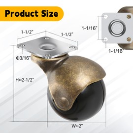 2 in Ball Caster Wheels - Heavy Duty 1200LBS,360° Swivel,Top Plate Casters Set of 8,Low Noise,Non Marking,Brass Antique Castor Wheels for Furniture,Chairs, Cabinets,Carts