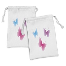 Ambesonne Animal Fabric Pouch Set of 2, Butterfly Silhouettes Colorful Design Wings Life Themed Image Print, Small Drawstring Bag for Toiletries Masks and Favors, 9" x 6", Dried Rose Pink and Blue