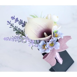 2Pcs Artificial Calla Lily Lavender Wrist Corsage Boutonniere Set, Groomsmen Bridesmaids Wedding Flowers Accessories Prom Party Decorations (x-Purple)
