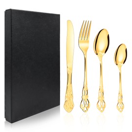 YEKUYEKU 4 Pieces Cutlery Set, Stainless Steel Cutlery Set, Fork Sets, Stainless Steel Flatware Set for Party Camping and Home (Gold)