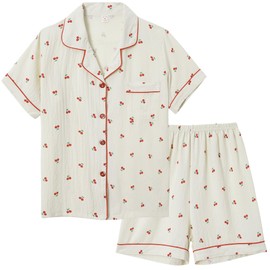 Vopmocld Big Girls Button Down Sleepwear Short Sleeve With Shorts 2PCS Pajama Sets Casual Lapel Loungewear Patterns Printed, 2PCS-RedCherry, 14