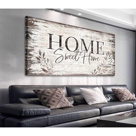 arteWOODS Home Sweet Home Wall Art Sign Large Dark Brown Farmhouse Wall Sign for Living Room Decoration Wooden Board Design Canvas Prints Modern Rustic Artwork Leaf Pictures Wall Decor 24" x 48"