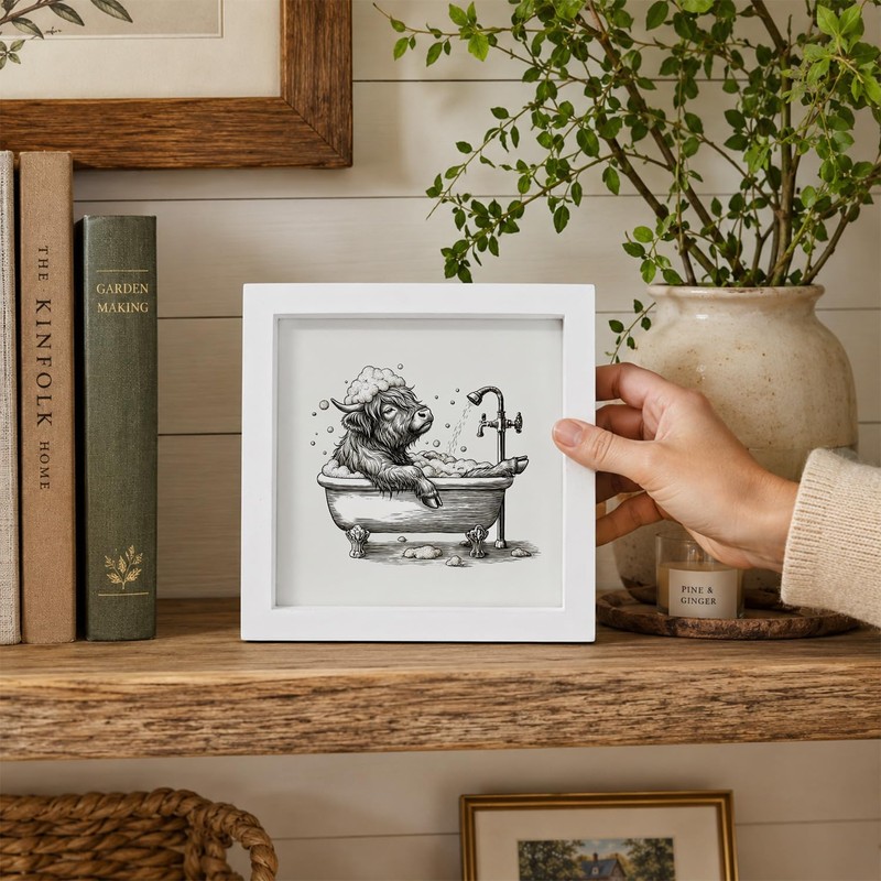 Funny Highland Cow Bathroom Wall Art Decor, 7x7 Inch