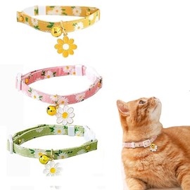 Coehaopike Cat Collar, Cat Collar, Set of 3 Colors, Daisy Flower Pattern, Bell Included, Safety Buckle, Cat Collar, Polyester Cotton, Adjustable Length, Ultra Lightweight, Safe, Cute Collar, Suitable