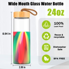Tronco 24oz Glass Water Bottles with Bamboo Lid & Silicone Sleeve, Leak Proof, BPA Free, Reusable Borosilicate Glass Bottles for Juicing, Smoothies, Juice & Water, for Men & Women Gym, Office, Travel